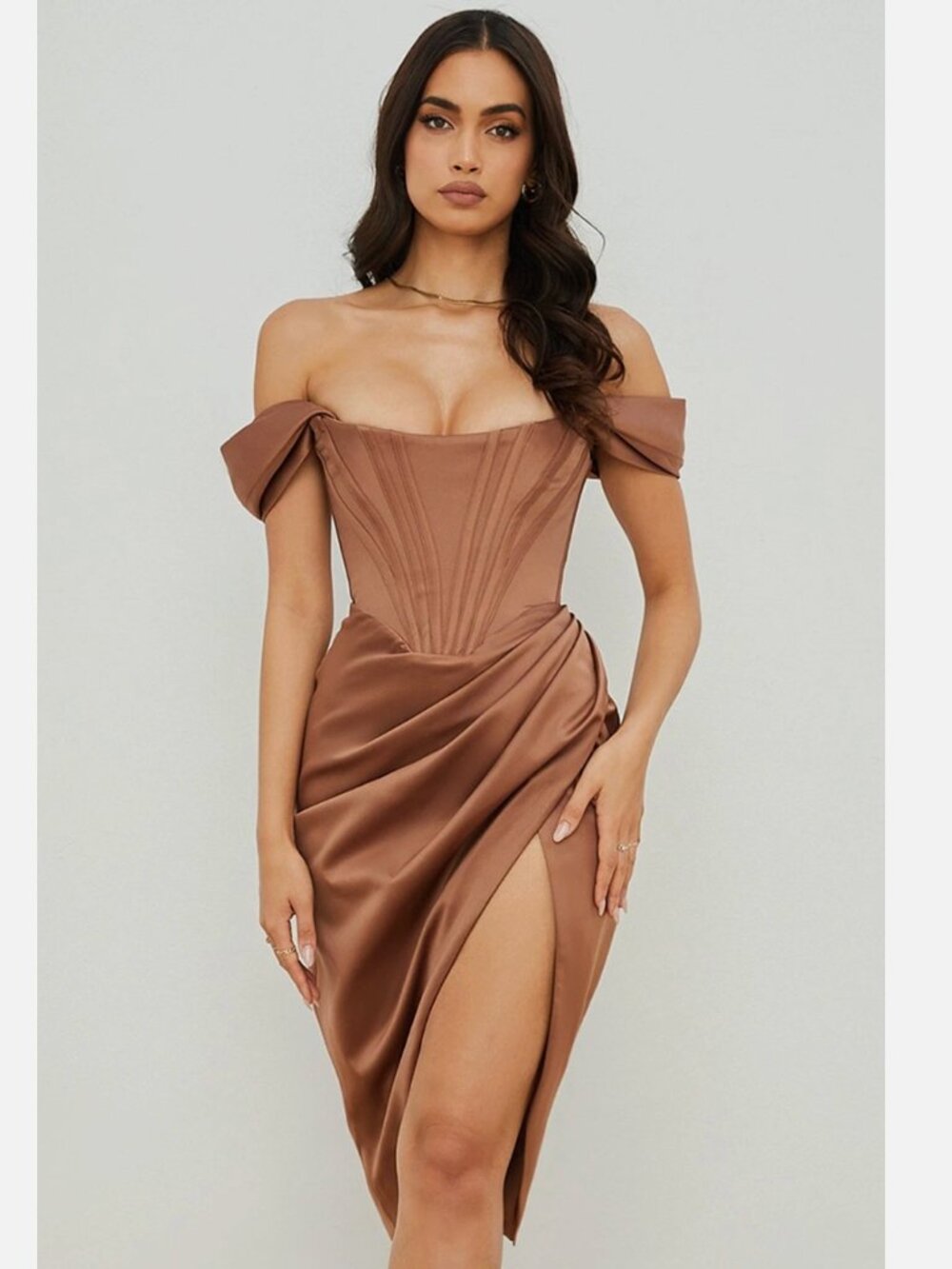 House Of CB Loretta Toffee Satin Off Shoulder Dress Womens S $285